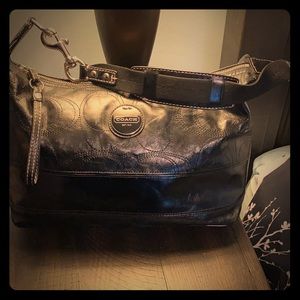 Black leather Coach purse blue lining